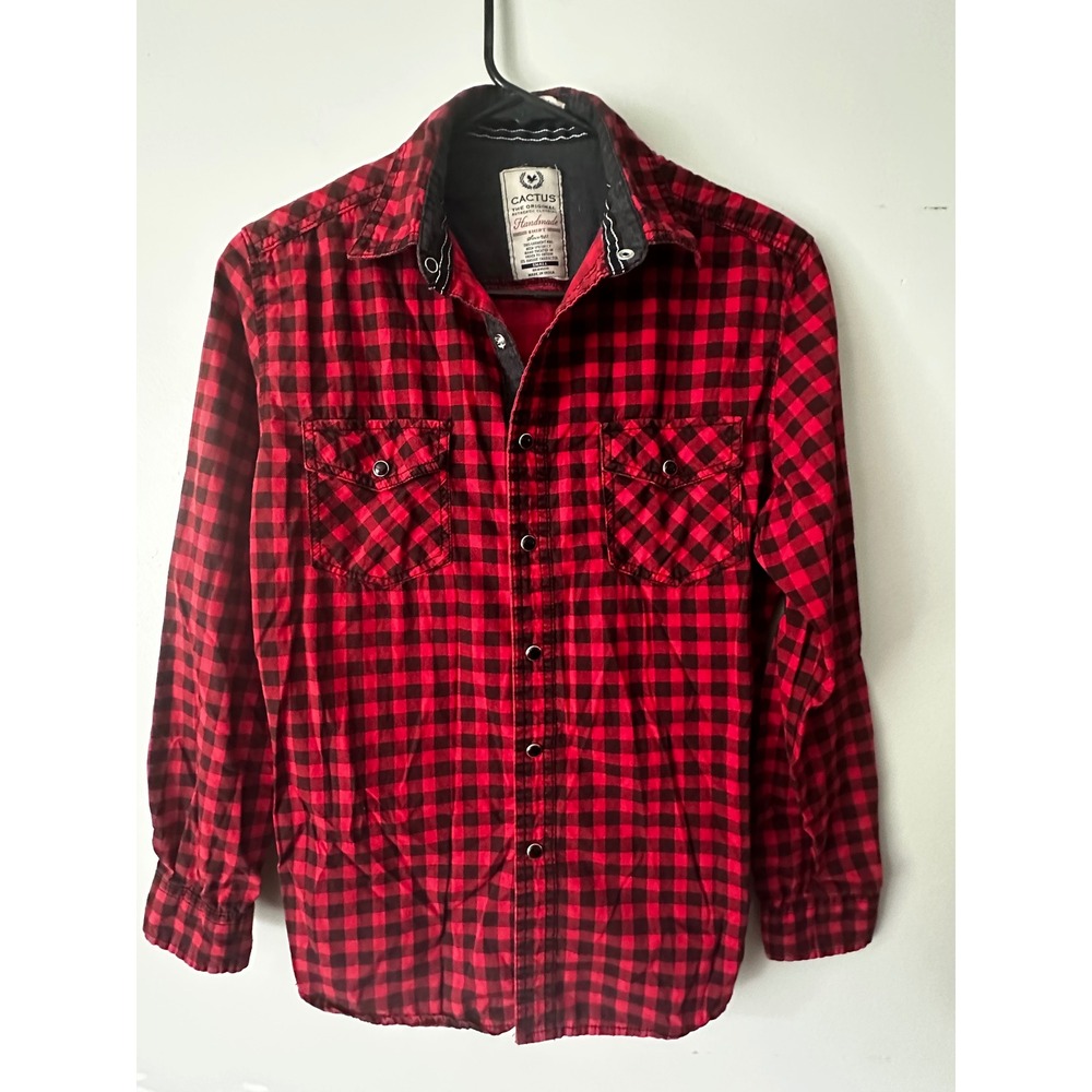 Cactus Authentic Handmade Red Black Buffalo Plaid Snap Button Western Shirt S